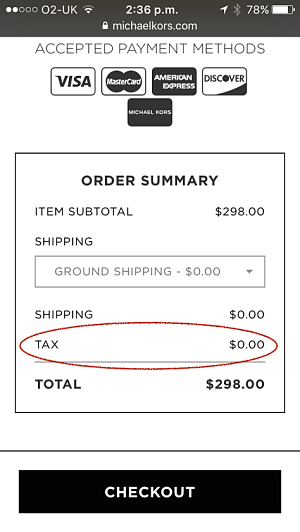 Tax description before checkout on Michael Kors