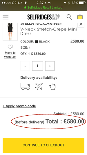 No tax description before checkout on Selfridges