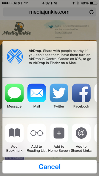 The iOS share button brings up a range of options, including bookmarking and others for true sharing.