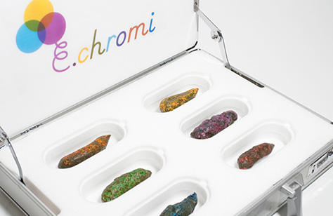 The E.chromi experiment depicts an array of brightly colored human waste, indicating various toxins