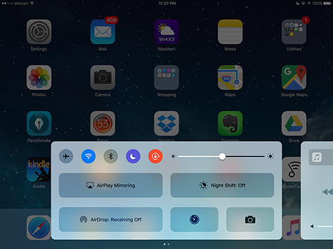 iOS 10 Control Center on iPad