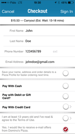 Domino's Pizza checkout form