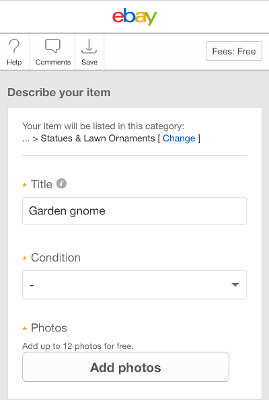 eBay selling form