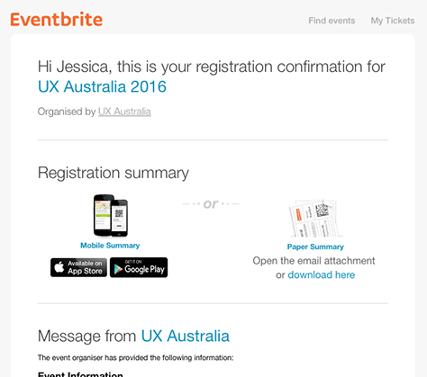 Email confirmation of a successful event registration