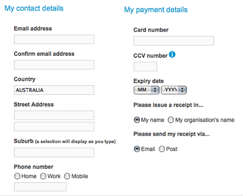 Donation form groups contact details and payment details