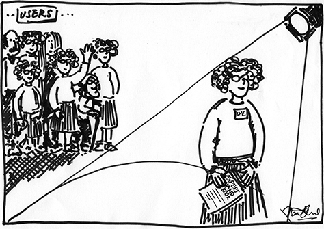 A large group of people, may of them women with curly hair wearing white tops and pleated skirts, are labelled as 'users'. One of the women has stepped into a spotlight and is labelled as 'SME'. She is carrying a pile of papers with the title 'Expert Handbook'. 