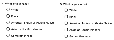 Question 4 uses .radio buttons; Question 5, check boxes.