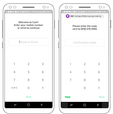 Square Cash phone and code-entry screens