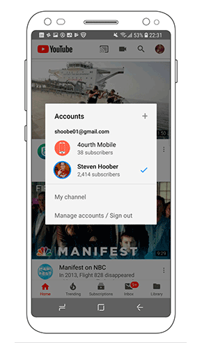 Account switch dialog in the YouTube mobile app