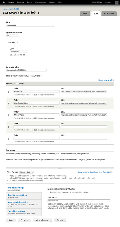 Attributes in the content model map to fields in the CMS