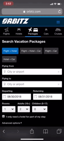 In Orbitz, swiping up in a drop-down menu exits the app