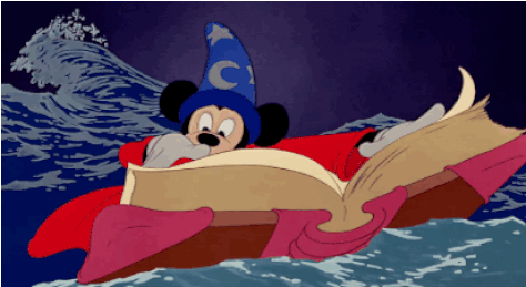 Mickey Mouse swept away on a book of spells, in Fantasia