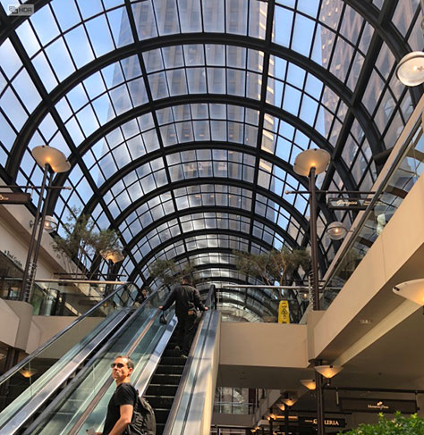 Telesis Tower visible through Crocker Galleria’s glass roof