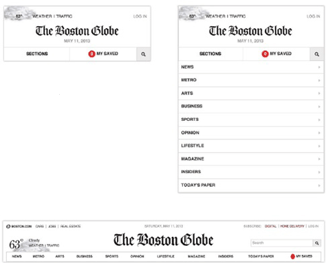 Boston Globe's navigation uses progressive disclosure on small viewports