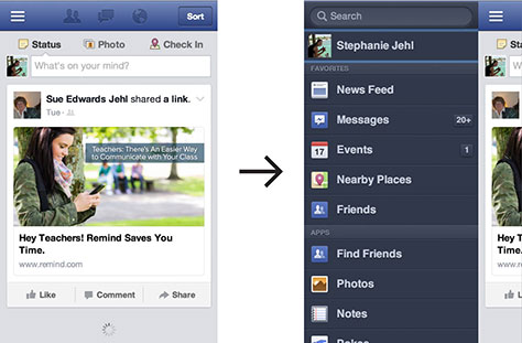 Tapping the menu icon reveals Facebook's off-canvas navigation from the screen's left edge