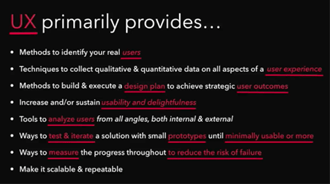 What UX primarily provides