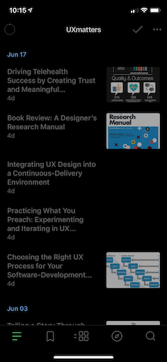 Viewing a list of articles on UXmatters in Feedly