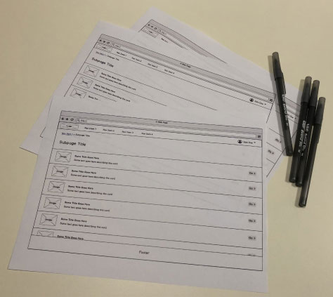 Multiple printouts of each mockup and pens at each station