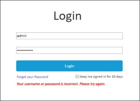 Error message on the Login page