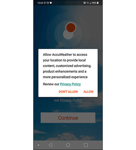 AccuWeather dialog explains their use of location information