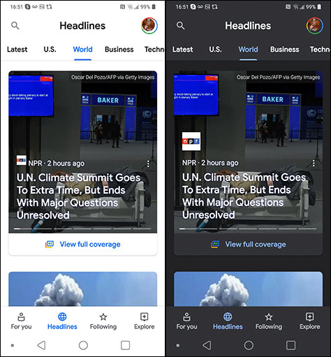Google News app in light and dark modes