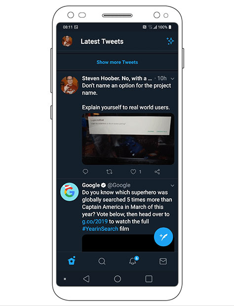 Twitter mobile app in dark mode