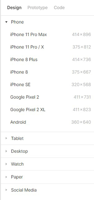 Figma's frame sizes