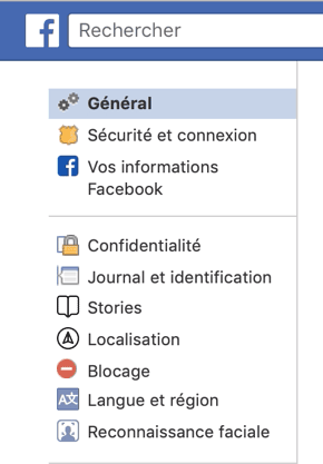 Navigation menu on Facebook's French user-account page