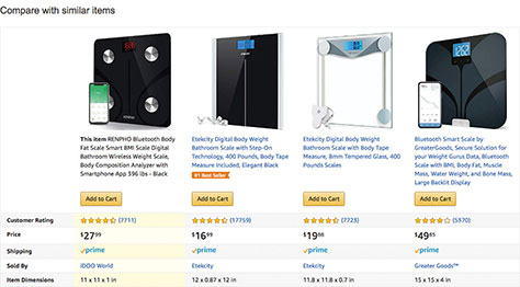 A product comparison chart on Amazon