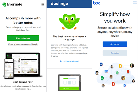 Mobile Web home pages for Evernote, Duolingo, and Box