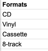 A list of formats on a drop-down list