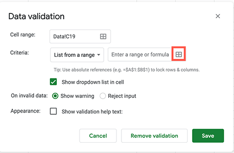 Setting up data validation in the Data validation dialog box