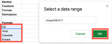 The Select a data range dialog box