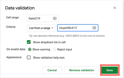 Completing your selection of the data range