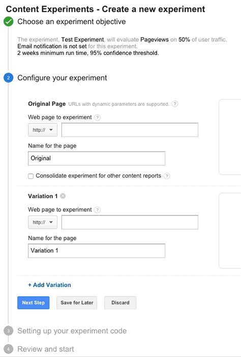 Setting up a Google Analytics content experiment