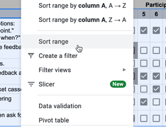 Sort range menu option