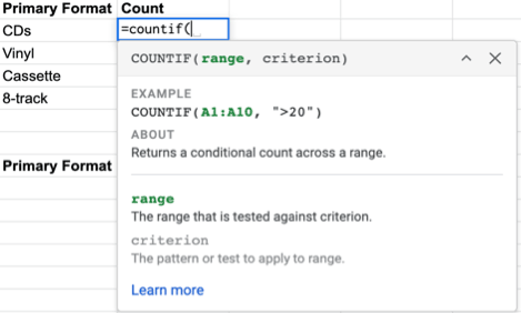 Typing a COUNTIF() formula