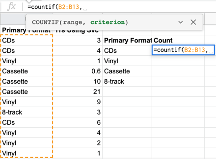 Selecting a range of items for the COUNTIF() formula