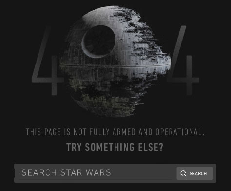Example of a 404-error page on the Star Wars site