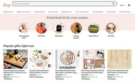 Etsy home page